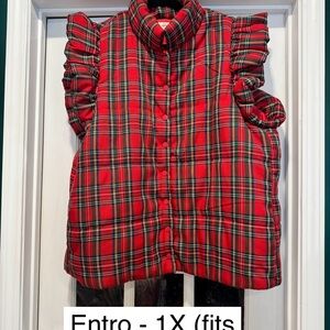 Entro 1X Red Plaid Ruffle Sleeve Top